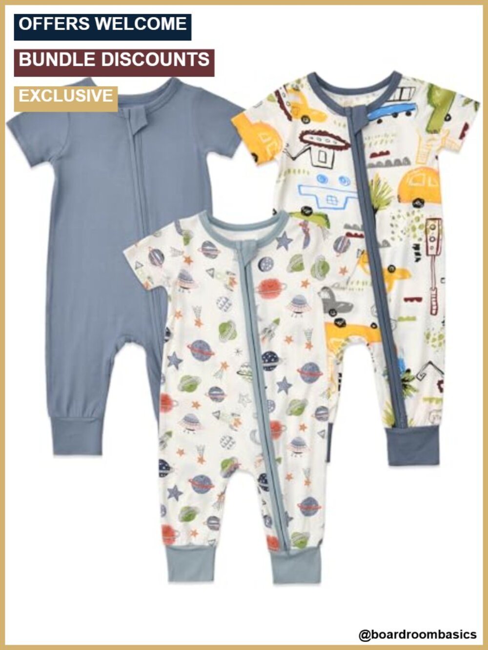 Baby Footless Pajamas Zip Romper 3-Pack Bamboo Rayon Spandex Short Sleeve